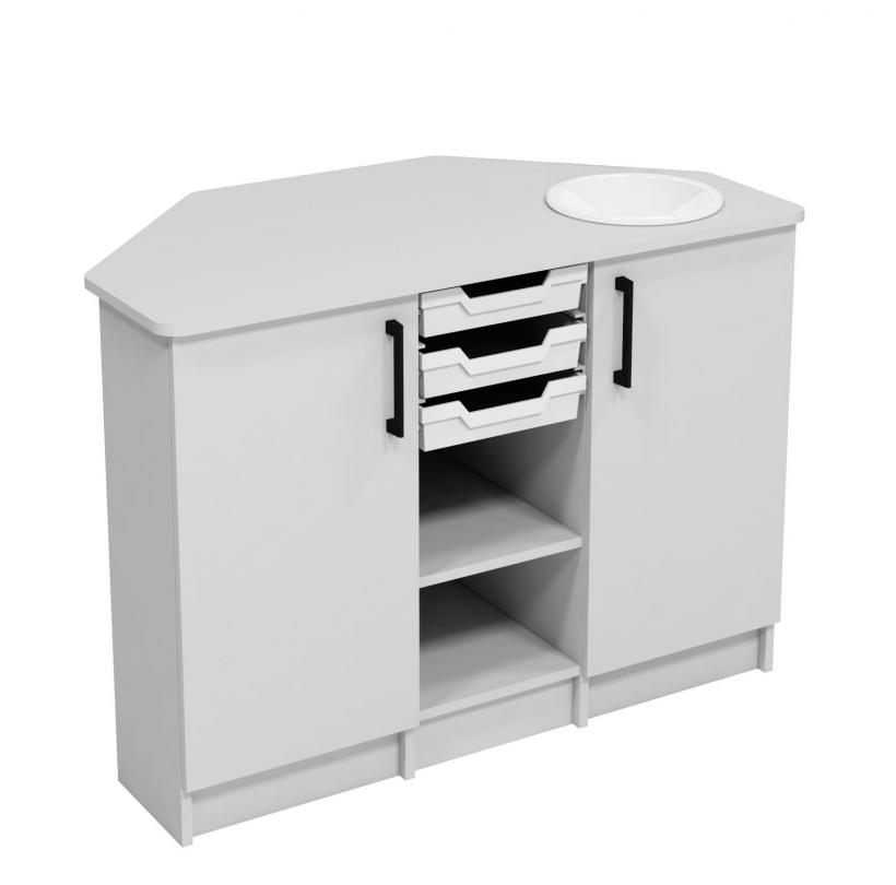 Стіл-тумба з мийкою, лотками та полицею, покриття стільниці - пластик HPL, для предметних кабінетів, АЛМАНТ, 1200х650х860 мм.